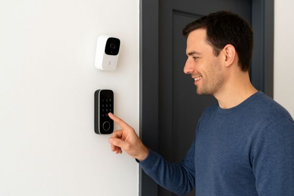 Smart Home Security & Safety Guide feature image with smart security system panel, indoor camera, and modern connected home technology.