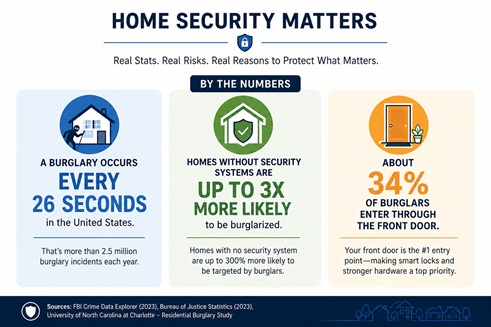 Home security infographic with U.S. burglary statistics and smart home security facts.