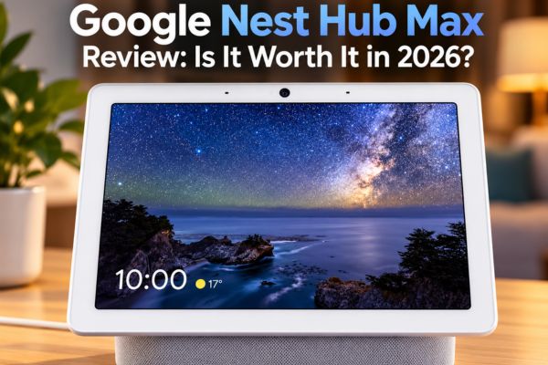 Google Nest Hub Max smart display on a kitchen counter